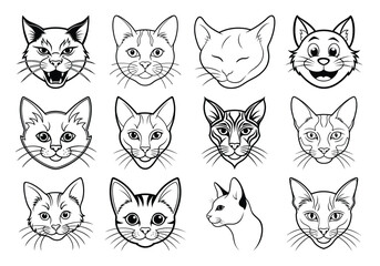 Line Art Cat Head Bundle – Vector Outline Illustrations of Cat Faces on white background 


