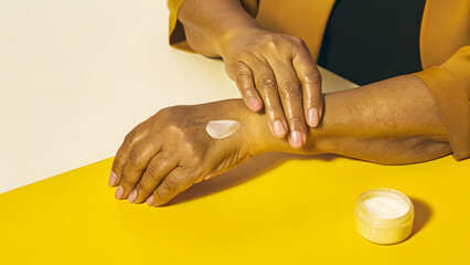 Inclusive Senior Skincare Moisturizing hands with cream, emphasizing skincare and self-care routines against a bright yellow background.