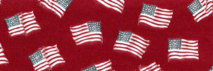 Patriotic tapestry unfurls with American flags on crimson weave, ideal for Independence Day or quirky Flag Day celebrations