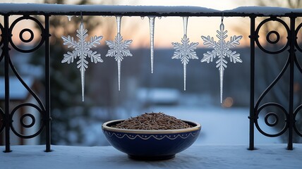 A winter scene on a balcony with snowflakes and icicles hanging from the railing, and a bowl of seeds in the foreground, capturing the essence of the cold season