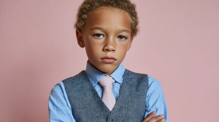 A confident young boy with determined eyes, dressed sharply for Junior Business Day, embodies youthful ambition and curiosity