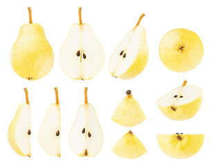 Ripe yellow pear fruit set, isolated on white background, close up. Juicy fresh golden pears fruit whole and sliced in halves, quarters from different sides, studio shot. Set for advertising, design.