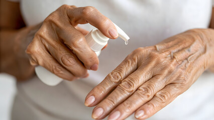 Inclusive Senior Skincare An elderly person applying lotion on their hands to care for dry skin.