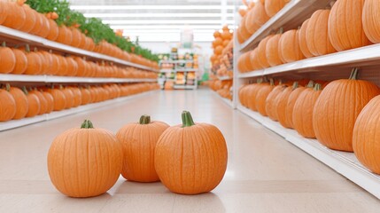 Symmetrical pumpkin aisle whispers autumn's symphony, evoking Halloween enchantment, Samhain spirit, harvest celebration in vibrant orange hues