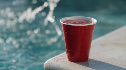 Red cup poised poolside, whispering summer's untamed festivity and the enigmatic allure of a midsummer soiree splash