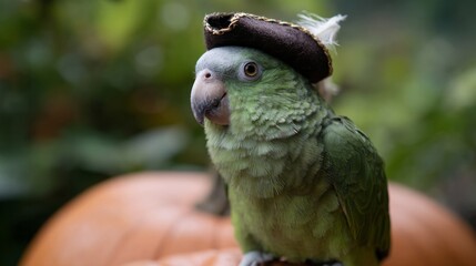 Parrot in whimsical pirate hat perches atop pumpkin, evoking Talk Like a Pirate Day and whimsical avian antics