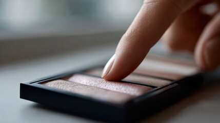 A delicate finger caresses shimmer eyeshadow palette, capturing tactile art, multicultural craftsmanship, Diwali beauty rituals, transformative allure