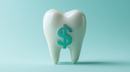 Tooth with dollar sign symbolizing dental costs on blue background.