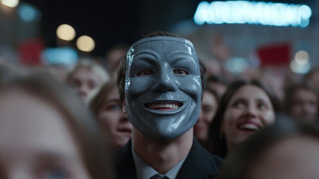 Eager crowd in nighttime revelry, masked person grinning enigmatic, carnival mystery, Masquerade Night festival, anonymous anticipation