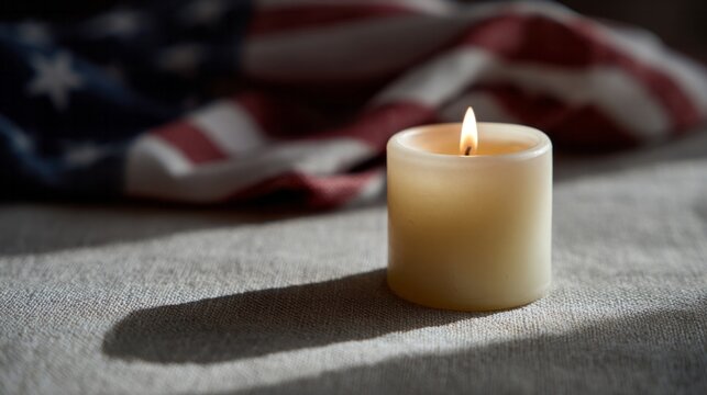 Lone candle flickers beside rustic flag, evoking Memorial Day melancholy, unity's glow amid patriotic twilight whispers, reverent remembrance