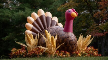 Gargantuan inflatable turkey amid vivid autumn foliage, celebrating quirky Americana and Thanksgiving whimsy, embodies vibrant harvest nostalgia