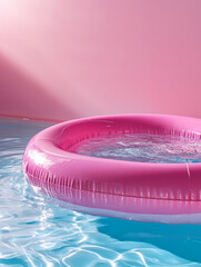 Pink inflatable pool float in clear blue water.