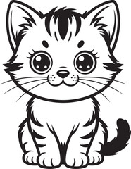 Cute cartoon black and white kitten with big eyes and stripes sitting