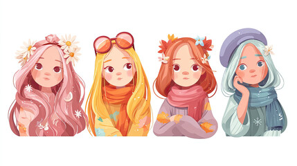 Four cartoon girls with different hair colors and accessories standing side by side on white background