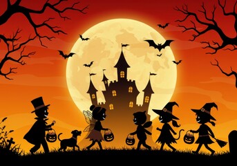 Children in halloween costumes trick or treating in front of a spooky castle under a full moon