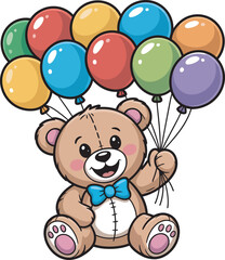 Happy cartoon teddy bear holding a bunch of colorful balloons