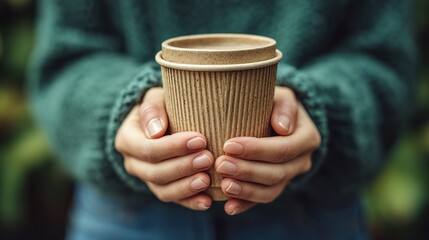 Close-Up of Eco-Conscious Hands Embracing a Reusable Coffee Cup in Outdoor Serenity, Symbolizing Sustainable Living