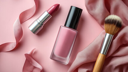 Obraz premium Makeup items and accessories on a pink background