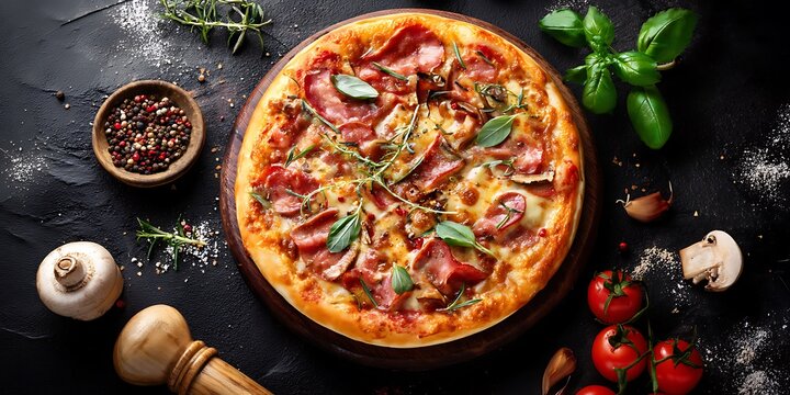 A delicious pizza with basil and meat on dark table