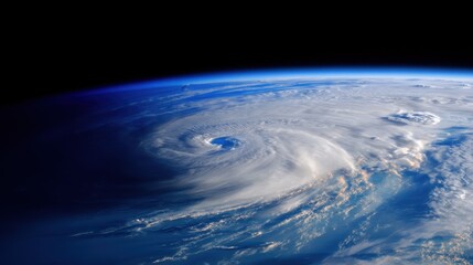 Stunning view of Earth from space showcasing a massive swirling hurricane with a distinct eye, dense white-gray clouds, and rotating patterns over blue oceans.