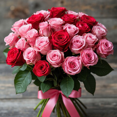Obraz premium Bouquet of red and pink roses with green leaves on wooden backdrop 
