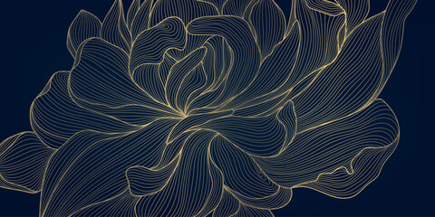 Vector golden line floral pattern, flower luxury art, vintage peony illustration. Spring bloom garden design. © marylia17