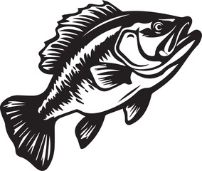 Black and white illustration of a largemouth bass jumping out of water