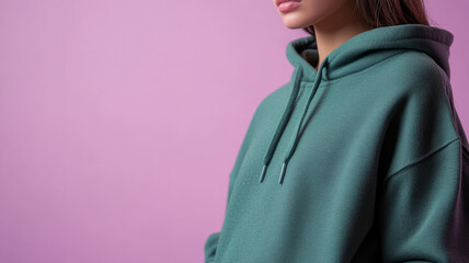Fototapeta premium Person wearing a green hoodie against a pink background.