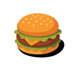 Illustration Vector Graphic Cartoon of a Juicy Cheeseburger with Lettuce, Tomato, and Sesame Seed Bun