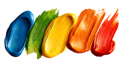 Colorful paint strokes of blue, green, yellow, orange, and red isolated on white or transparent png