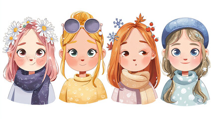 Four cartoon girls representing different seasons with unique accessories and clothing styles