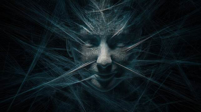 Face with matrix digital numbers artifical intelligence AI theme with human face. The concept of artificial intelligence. dark background with computer binary code and hidden face watching