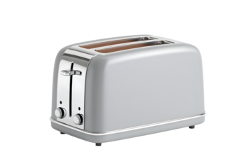Compact electric toaster with silver finish, isolated on a white background, in a simple style, with a transparent PNG format.