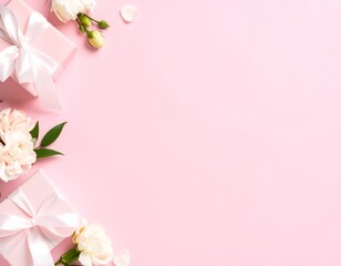 Elegant pastel pink background with white flowers, gift boxes, and rose petals for celebration, romantic occasion, or feminine themed event
