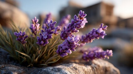 Fototapeta premium Close up of purple lavender flowers with green leaves growing on rocks under a soft sky