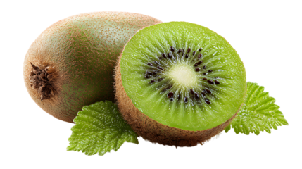 Freshly sliced kiwi fruit with vibrant green flesh and seeds, placed next to whole kiwis on a white background