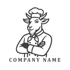 Black-and-white logo of a confident goat chef in uniform with folded arms and a proud expression.
