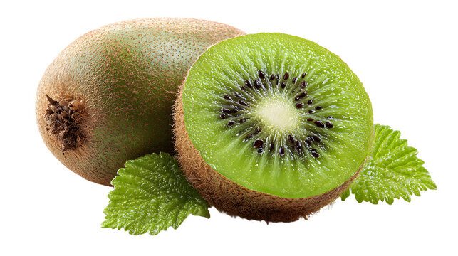 Freshly sliced kiwi fruit with vibrant green flesh and seeds, placed next to whole kiwis on a white background