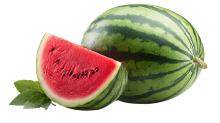 Freshly cut watermelon showcasing its vibrant red flesh and green rind, set against a clean, white background