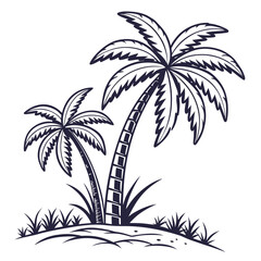 Obraz premium Tropical Paradise Scene with Two Palm Trees on a Sandy Beach with Lush Grass