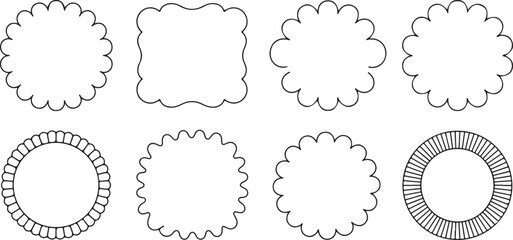 Scalloped Edge and Geometric Black Line Frames on White Background Set of Blank Circle Square Rectangle Border Templates