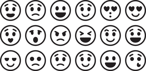 Black and White Circular Emoji Faces Icon Set Various Expressions Happy Sad Angry Love