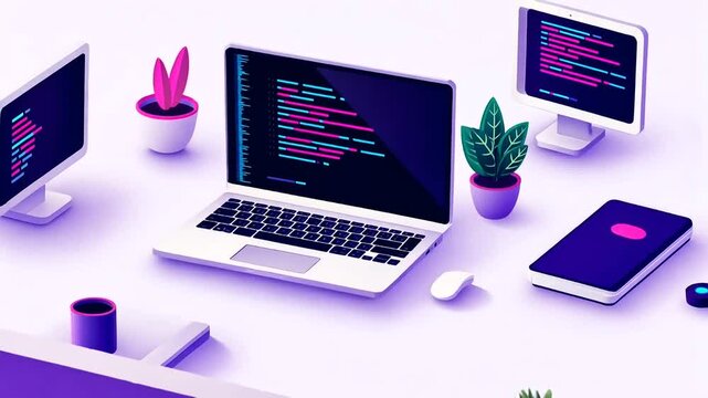 Isometric view of a desk with laptop  computers showing code  plants