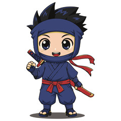 Happy Chibi Ninja with Spiky Hair and Katana