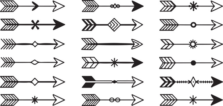 Black and White Hand Drawn Boho Arrows with Geometric and Floral Elements Vector Graphics Set