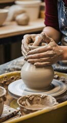 Hands Shaping Clay on a Pottery Wheel: A Creative Journey in Craft and Artistry, Capturing Focus and Artistic Expression