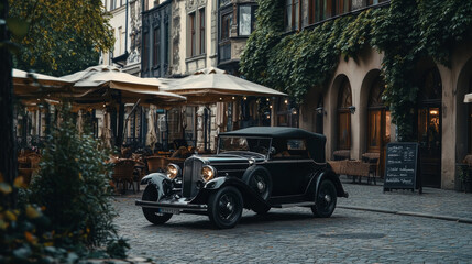 1930s Classic European Car in Cobblestone Town Square Surrounded by Vintage Cafés and Old-World Architecture