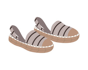 Espadrilles or modern closed-toe sandals with flat rope sole and canvas upper. Fashion trendy summer footwear. Colored vector illustration of women's open shoes isolated on white. Female footwear.
