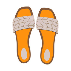 Casual women's shoe wardrobe. Summer slippers, sandals, flop flip shoes. Beach footwear accessories. Female footwear. Colored vector illustration of women's open shoes isolated on white background. 
