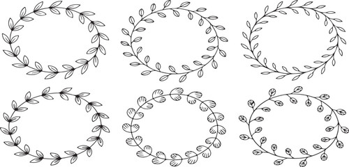 Obraz premium Six Hand Drawn Black Circular Floral Frames Set Botanical Leaf Wreaths Design Elements Wedding Invitations Cards Scrapbooking Templates